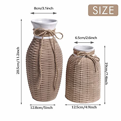 Teresa's Collections Modern Farmhouse Ceramic Vase For Home Decor, Woven Effect Boho Vase For Pampas Grass, Decorative Rustic Flower Vase For Table Centerpiece, Living Room, Fireplace, 11 In -Set Of 2 #TOP3