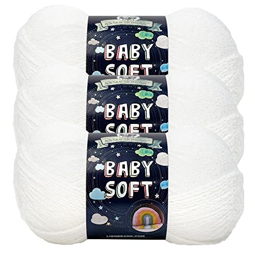 Lion Brand Yarn, Baby Soft Baby Blanket Yarn for Crocheting, Knitting, and Crafts, Baby White Pompadour, 3 Pack