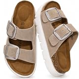 Project Cloud 100% Genuine Leather Platform Sandals Women Footwear - Wedge Chunky Slides for Women 2026 with Memory Foam Insole & Cork Footbed Womens Sandals (GreeceChunky)