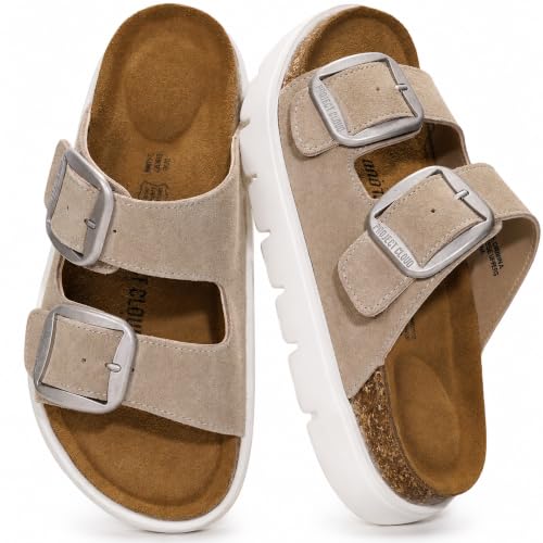 Project Cloud 100% Genuine Leather Platform Sandals Women Footwear - Wedge Chunky Slides for Women 2026 with Memory Foam Insole & Cork Footbed Womens Sandals (GreeceChunky)