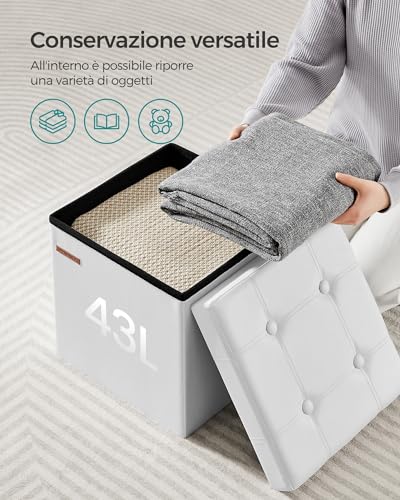 SONGMICS Puof Contenitore da 38 cm, Cassapanca Pieghevole, Poggiapiedi, PU, Portante di 300 kg, per Ingresso, Soggiorno, Camera da Letto, Bianco Nuvola LSF030W11 - Immagine 4