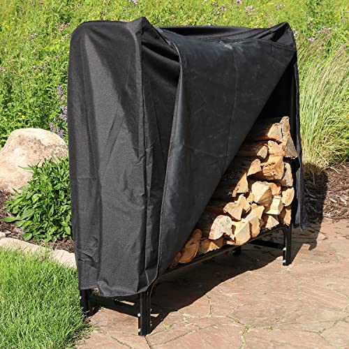 Sunnydaze Firewood Rack And Cover Combo Set - Outdoor Black Powder-Coated Steel Log Holder - Water-Resistant Heavy-Duty Protective Pvc Cover - Black Fabric - 4-Foot #TOP2