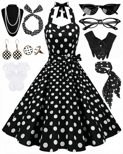 Women's 1950s Polka Dress Set Audrey Vintage-Inspired Cocktail Halter Swing