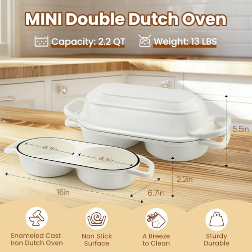 YONILL Mini Double Dutch Oven for Sourdough Bread Baking - Enameled Cast Iron Dutch Oven Pot with Lid and 5" Banneton Bread Proofing Basket Kit, Dual Round Bread Loaf Pan for Homemade Baking (White) by YONILL - Image 4