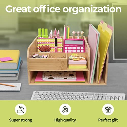 MissionMax Bamboo Desk Organizer with attached Upright File Holders. Fully Assembled and Holds all your Accessories, Supplies and Storage needs for Office, Home and Classroom Organization