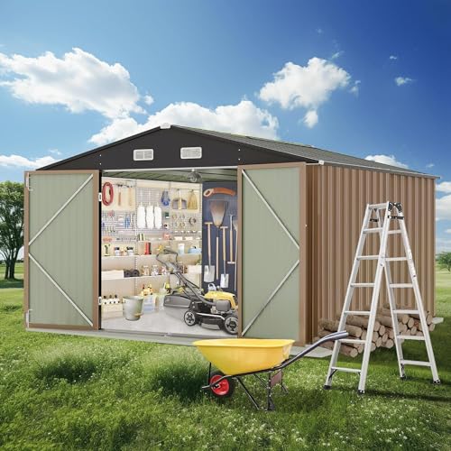 Zstar 10 x 8 FT Outdoor Storage Shed, Metal Steel Shed Storage House with Updated Frame Structure & Lockable Door, Waterproof Garden Steel for Backyard, Garden, Lawn, Patio, Brown