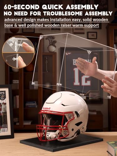Image of JupDec Football Helmet Display Case, Full Size Acrylic Baseball Motorcycle Helmet Showcase, UV Protection Souvenirs and Collectibles Box with Solid Wood Base & Riser, Ideal Gift for Sports Fans, Black