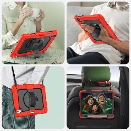 Image of SEYMAC Case for iPad Air 11 Inch M4 / M3 / M2 (2026 /2025 / 2024), Heavy Duty Shockproof Protective Case with Screen Protector, 360 Rotating Stand and Hand /Shoulder Strap, Red