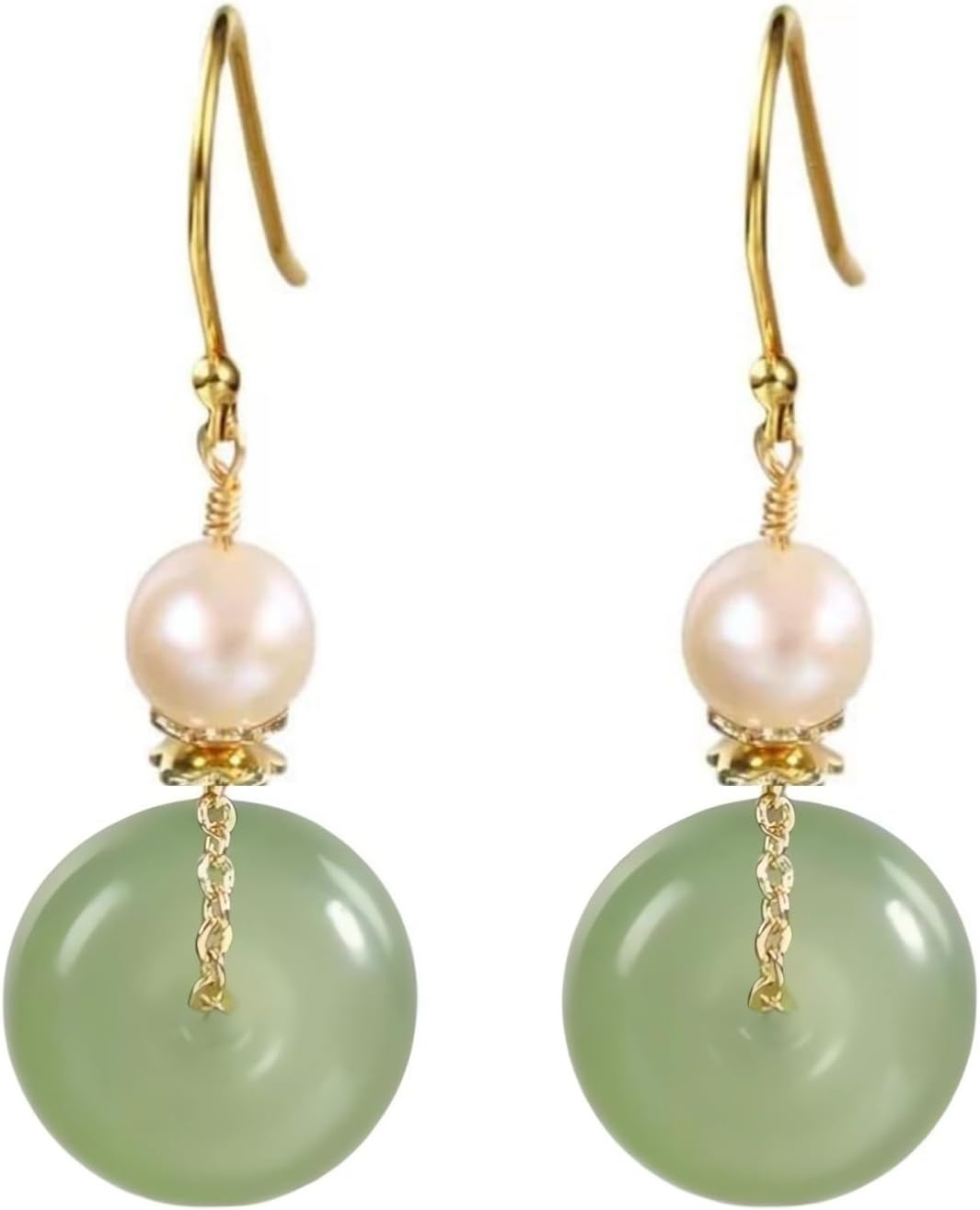 Natural Jade & Freshwater Pearls Earrings Dainty Handmade Earrings for Women Dangle Hook Earrings Drop Earrings Lucky Jewelry Gift for Mom Lover Her (14K Gold Filled)