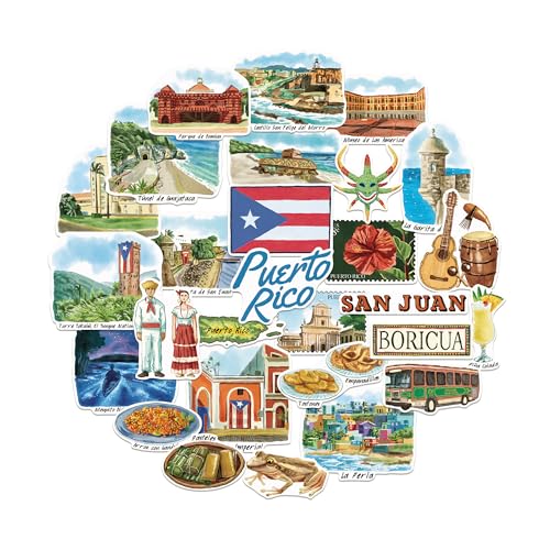 Navy Peony Poetic Puerto Rico Travel Stickers (28pcs) - Hand-Illustrated Puerto Rican-Themed Vacation Decals for Journals, Scrapbooks, Luggage