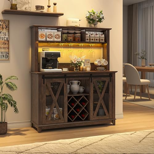 Image of 47 inchWide 56 inchH Farmhouse Coffee Bar Cabinet with Power Outlet and LED Light,Wine Bar Cabinet w /3 Storage Hutch,Kitchen Buffet Cabinet with 10 Wine and Glass Racks for Kitchen Dining Room(Brown)