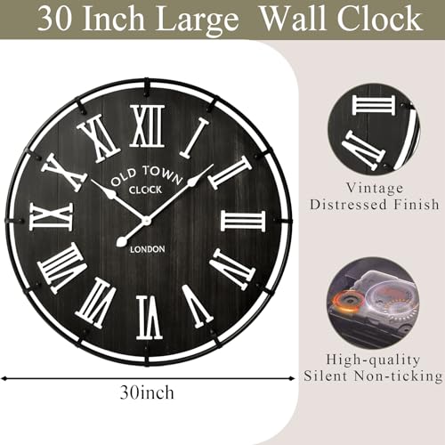 Image of EMAX HOME Inch Large Black Wall Clock, Rustic Distressed Wooden Dial with 3D White Roman Numerals, Silent Sweep Movement, High Contrast Farmhouse Decor for Bedroom, Kitchen, or Dining Room.