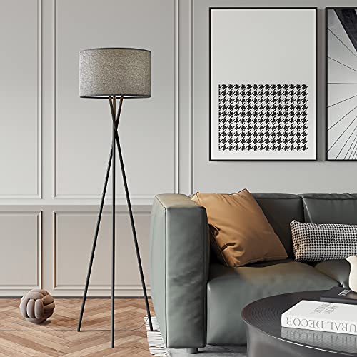OYEARS Floor Lamp for Living Room Tripod 63" LED Modern Floor Lamp for Bedroom Mid Century LED Standing Lamp for Office Metal Legs Linen lampshade Black