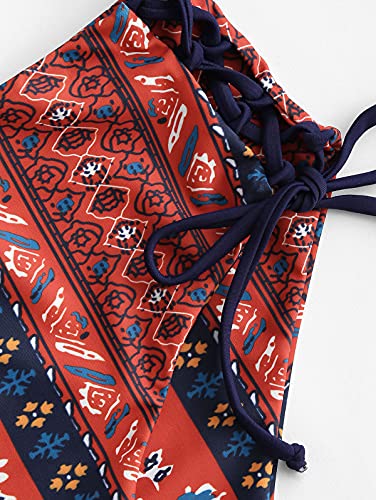 Zaful Women's Boho Mix And Match Swimwear Two Piece Bikini With High Waisted Bathing Suits(4-Deep Blue-Boho,L) #TOP4