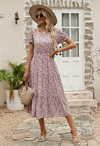 Image of NAVINS Womens Floral Print Modest Wedding Guest Midi Dress with Pockets | Puff sleeve tiered boho dress for summer, church, and vacations. Elastic waist, Below knee, hand or machine wash.