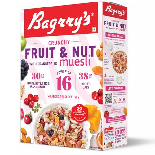 Image of Bagrry's Crunchy Muesli With 30% Fruit & Nut Cranberries 400gm Box|34% Fibre Rich Oats|No Sugar Infused Fruits|Real Fruits|Breakfast Cereal|Protein Rich|Cranberry Muesli