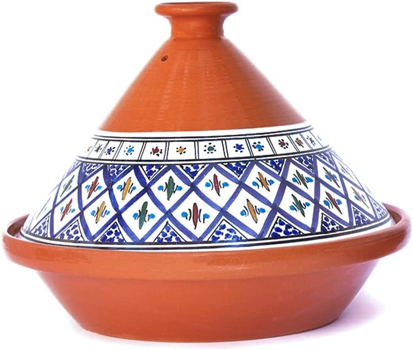 Kamsah Hand Made and Hand Painted Tagine Pot | Moroccan Ceramic Pots For Cooking and Stew Casserole Slow Cooker (Large, Classic Bohemian Blue)