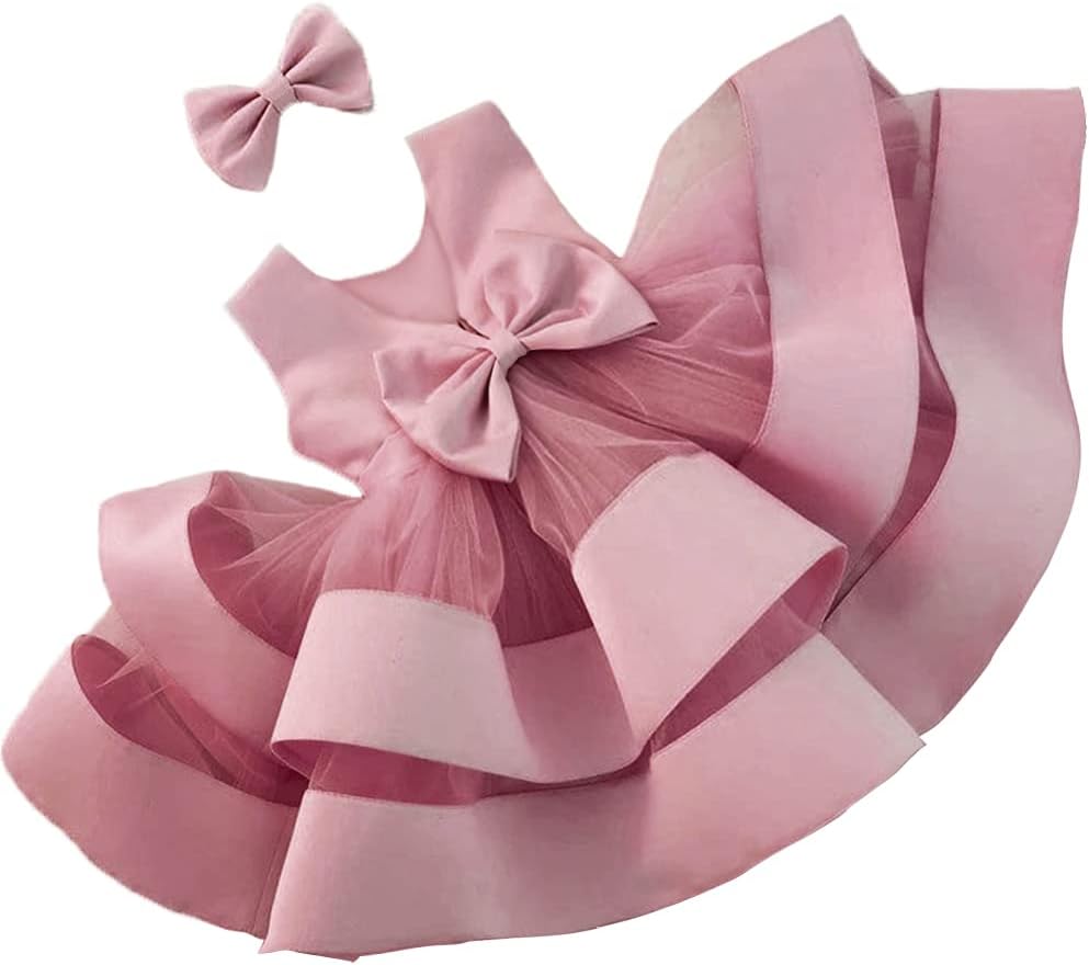 AIMJCHLD 0-6T Baby Girls V Backless Flower Dress Pageant Party Wedding Gown Dresses with Hair Bow