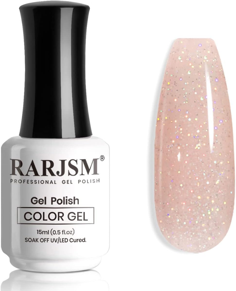 RARJSM Nude Glitter Nail Gel Polish Sheer Pink Jelly Shimmery Iridescent Sparkly Pink Holographic Pigments Translucent Natural Skin Tone Color Gel 15ml Soak off UV LED Cured Home Salon