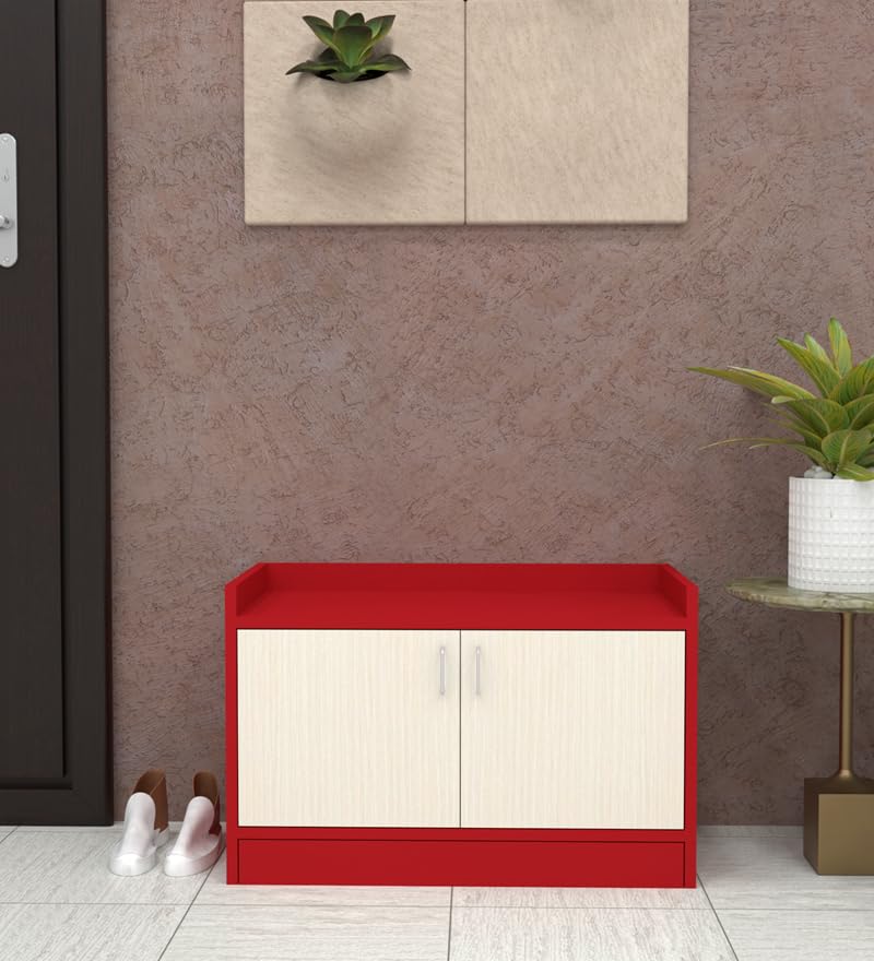 Image of SPECIALITY PANELS 2 Door Shoe Rack with Storage Cabinet, Red and Cream, 75x49 cm, DIY Assembly