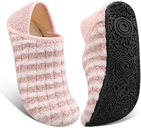 Fires Slippers for Womens Fuzzy Curly Fur Slippers Skin-friendly House Slipper Socks for Women Lightweight House Shoes Ladies Slippers Around Home Shoes with Non Slip Rubber Sole for Indoor/Outdoor & Travel PinkStripe 5.5-6.5 Women/4-5 Men