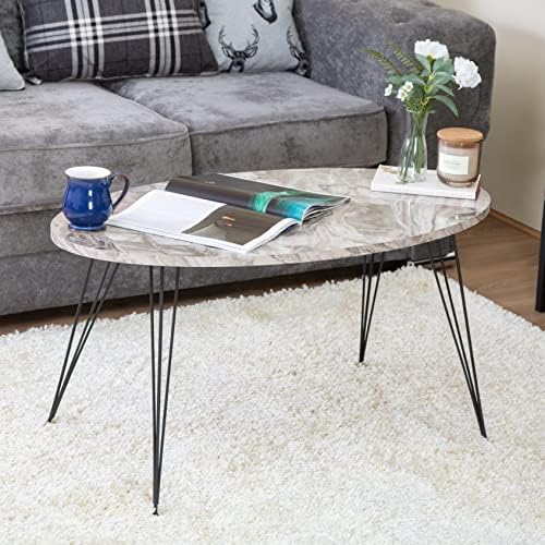 Bravich Modern Retro Marble Effect Oval Coffee Table for Home Office and Family Use | Black Legs, Grey Marble Effect Top