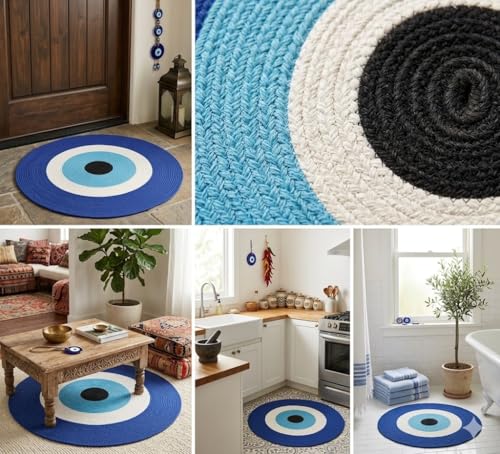 Image of Round Jute Reversible Evil Eye Door mat, 65 * 65 cm, Floor mat| Doormat for Home Entrance| Bathroom| Bedroom| Living Room| Kitchen| Pooja Room| Rug| Home Decor| Anti Slip| Outdoor| Nazar mat