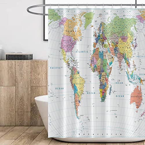 Oerju 48X72Inch World Map Shower Curtain Educational Geography Countries Colorful Bath Curtain Waterproof Polyester 48Inch(W)×72Inch(L) #TOP2