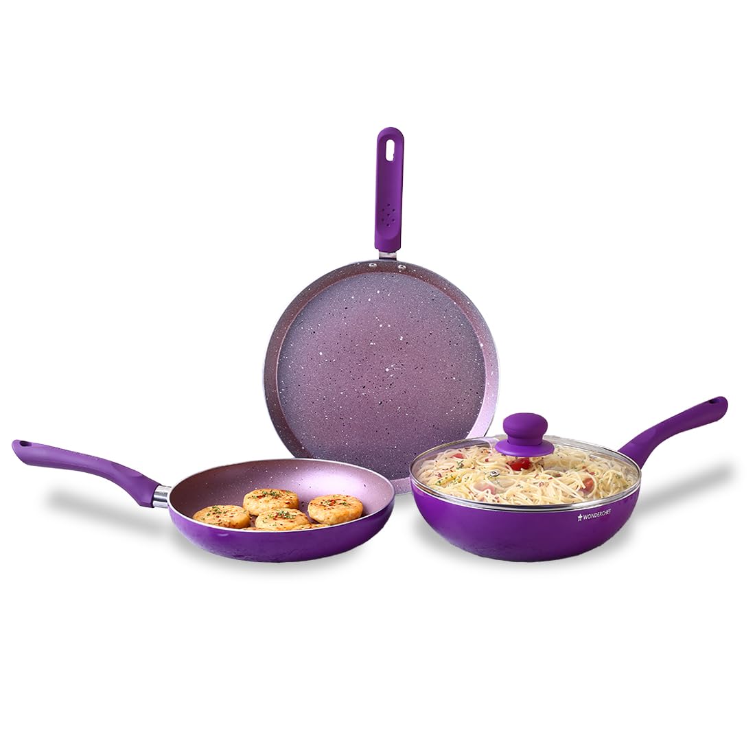 Wonderchef Royal Velvet Plus Induction Base Aluminium Nonstick Cookware 4-Piece Set | Frying Pan, Wok, Dosa, Tawa | Purple Wonderchef Royal Velvet Plus Induction Base Aluminium Nonstick Cookware 4-Piece Set | Frying Pan, Wok, Dosa, Tawa | Purple