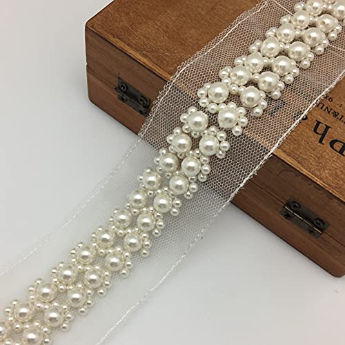 FQTANJU Spitzenband mit großen Perlen, dekoratives Band, Spitzenband, 5 cm breit, elfenbeinfarbenes Vintage-Design, bestickte Applikation, Nähen, Handwerk, Hochzeitskleid, Partykleidung, Dekoration Cover