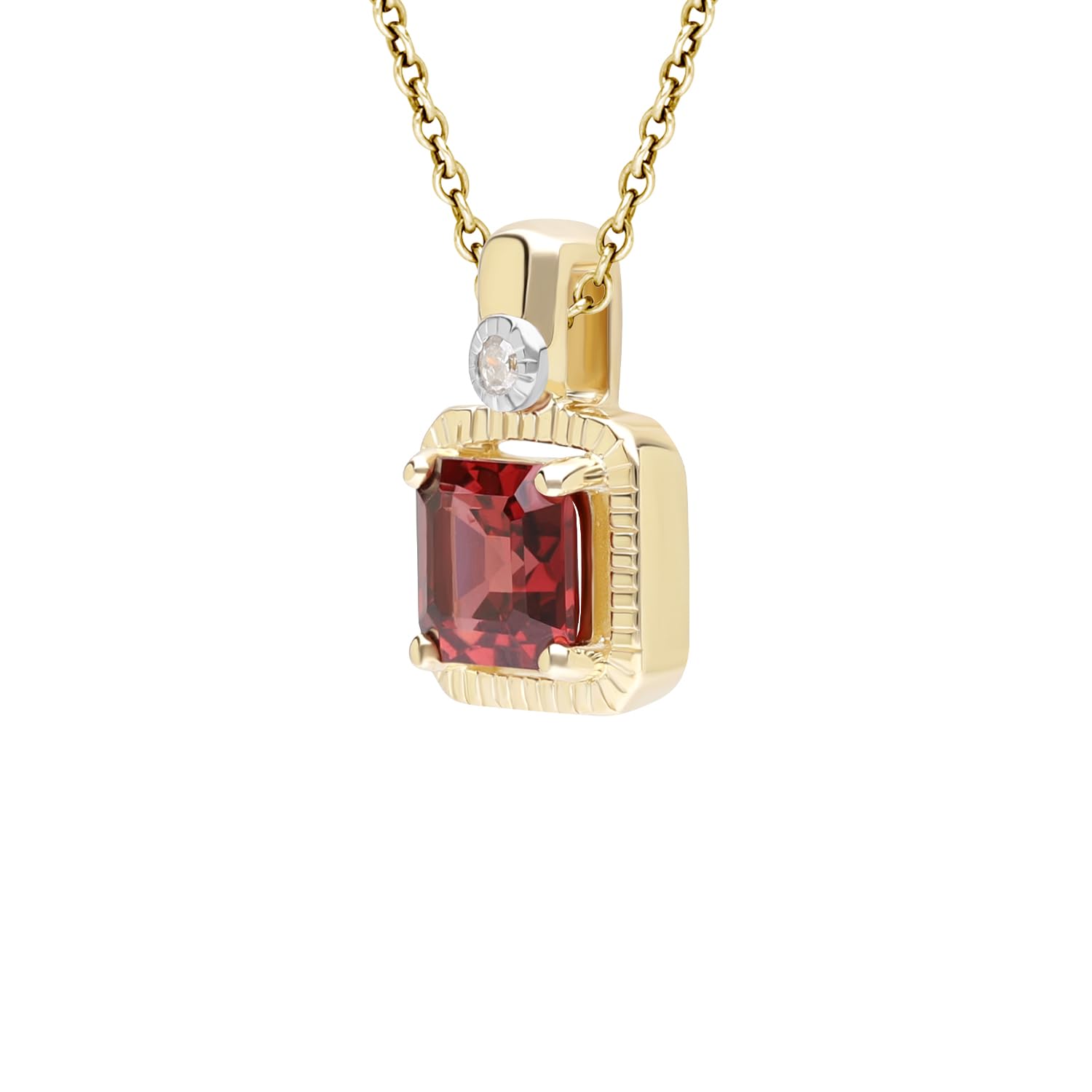 Pendente in oro giallo 9 kt con granato taglio quadrato da 5 mm e diamante, su catenina da 46 cm, Oro Giallo
