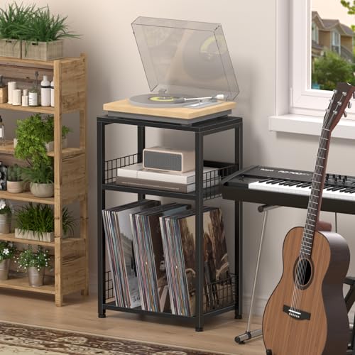 LELELINKY Side Table with Charging Station, Black Night Stand for Small Spaces, 3 Tier Industrial Wooden Record Player Holder with Vinyl Storage Shelf, End Tables Printer Stand for Bedroom