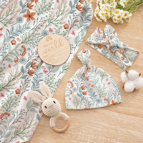 Image of Newborn Swaddle Set with Matching Hat and Bow Set, Floral Baby Girl Newborn Receiving Blankets Baby Swaddle Nursery Wildflower Baby Blanket, Wooden Birth Announcement Card