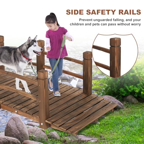 HOMEDIARY 5 FT Fir Wood Garden Bridge, Outdoor Stained Wood Arc Footbridge Walkway with Side Railings, 550 lbs Capacity, Decorative Pond Bridge Landscaping for Backyard Garden Creek Ponds, Carbonized - Thumbnail 6