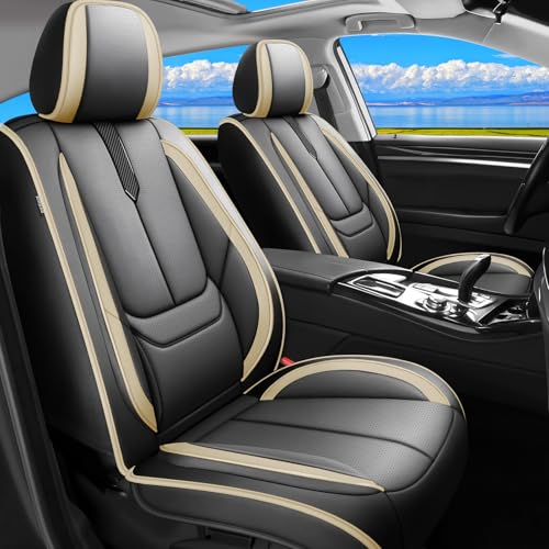 Image of Fit Forester Car Seat Covers for Subaru Forester 2007-2024 2025 2026 -Upgraded Premium Waterproof & Breathable Leather,Airbag Compatible,All-Weather Seat Cushion Protector,2 Front /Black-Beige