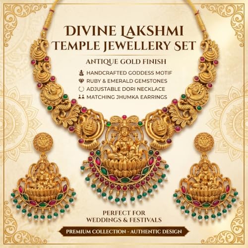 Image of Gold-Plated Antique Temple Jewellery Set for Women - Traditional Necklace with Large Peacock Pendant & Matching Jhumka Earrings | Ethnic Festive & Bridal Wear Set with Ruby & Emerald Accents