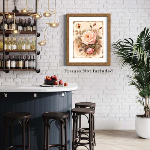Image of Vintage Flowers Canvas Wall Art Pink Rose Wall Decor,Dark Academia Botanical Wall Art,Retro Floral Valentine Pictures Farmhouses Decor for Home Office Flower Artwork Set of 4 (8''X10''Unframed)