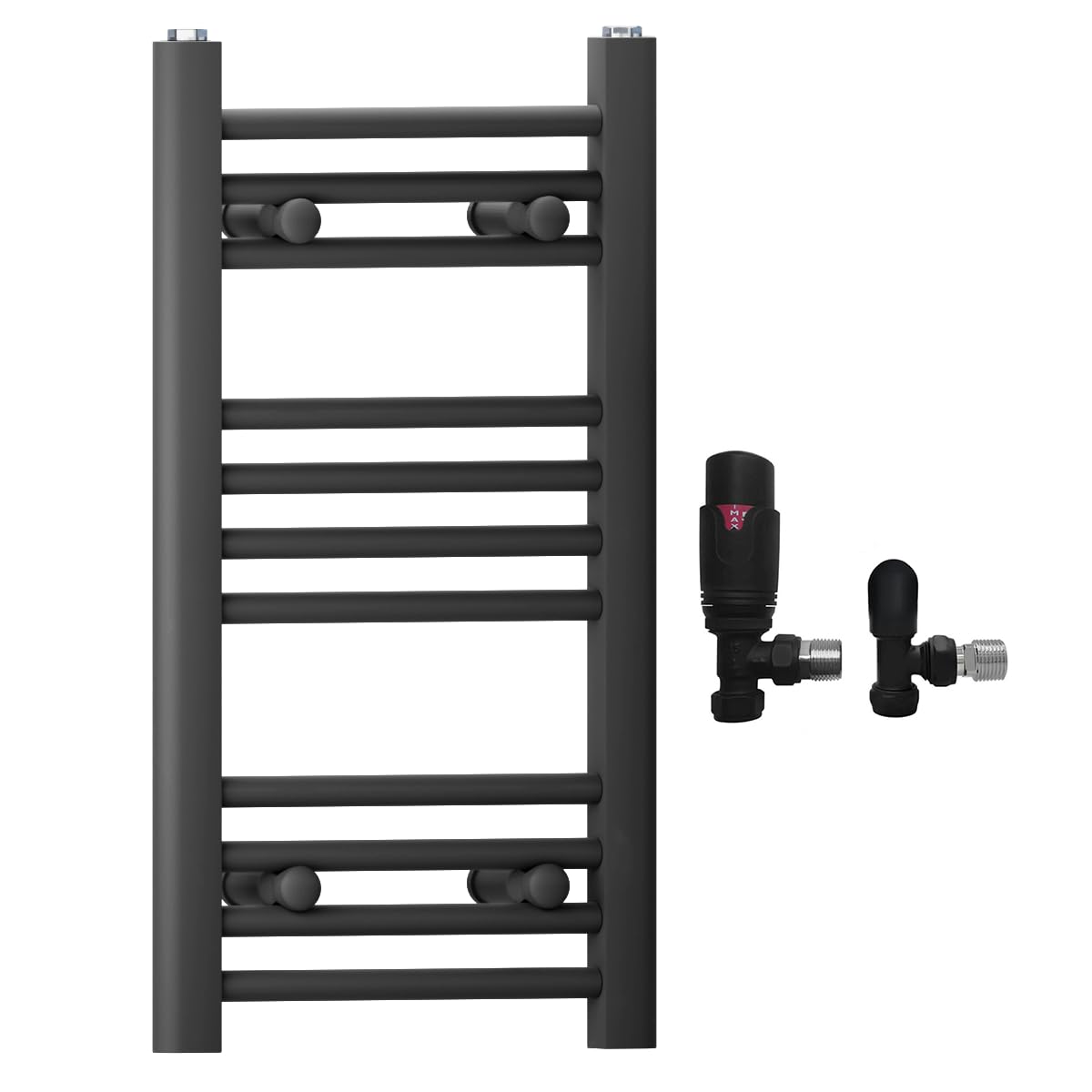 300mm Wide Straight Black Heated Bathroom Towel Rail Radiator With Valves For Central Heating UK (With Black Angled TRV Valves, 300 x 600mm (h))