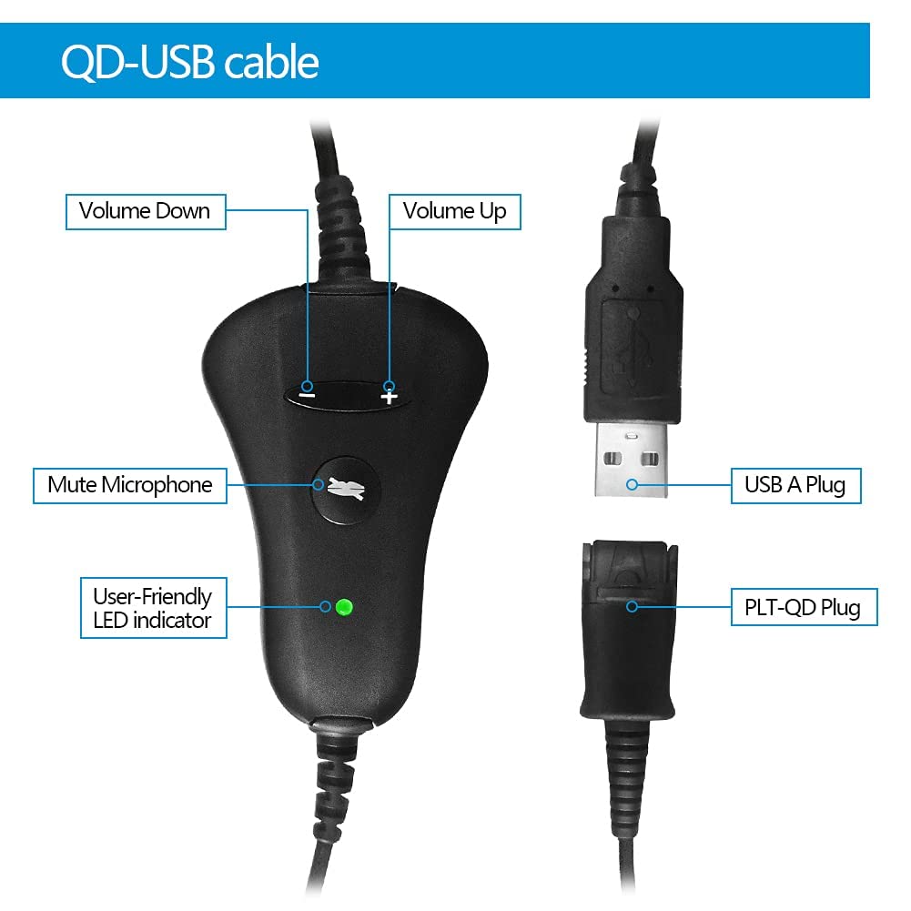 Cable adaptador QD a USB con control de volumen - Micrófono silencioso para auriculares Plantronic-QD Plug