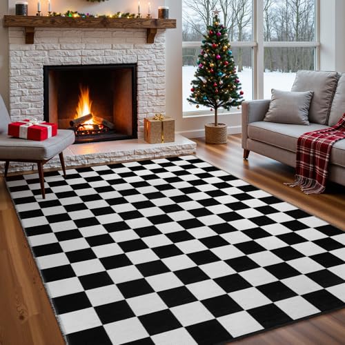Seavish Alfombra a Cuadros, 4 x 6 pies, Color Blanco y Negro, Alfombra marroquí, Alfombra de ajedrez marroquí, para Exteriores, Plegable, Lavable, Cubierta de Suelo, Alfombra Interior para Sala de