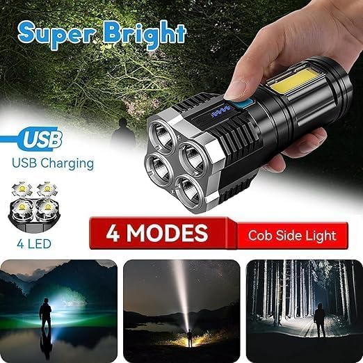 Image of 4-in-1 LED Torch Lights Rechargeable Emergency Torch Light 3W USB Charge Flashlight - High Power Long Distance Beam Range 4 Mode Torch for Outdoor, Indoor, Hiking, Walking, Camping