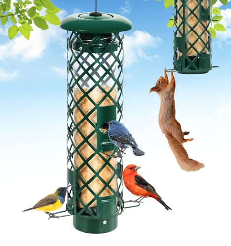 Squirrel Proof Bird Feeder, 3LB Metal Mesh Hanging Feeder for Outside with Weight-Activated Perches, Green Outdoor Bird Feeder for Small Birds (Finch, Chickadee, Cardinal & Blue Jay)