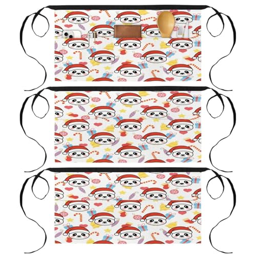 Lot de 3 tabliers courts 3 poches panda multicolore 60x30.5 cm pour cuisine et bistrot