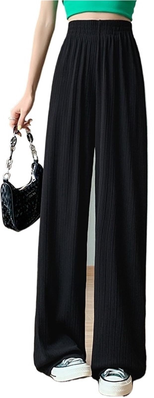 Womens lightweight silk wide-leg pants thin chiffon high waist hem loose straight casual fashion Trousers Black Large