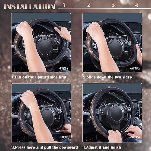 Image of CAR PASS Bling Champagne Diamond Steering Wheel Cover, Black Leather Universal Fit 14.5-15inch Glitter Rhinestones for Women Sparkle Crystal Girly Shining for SUV,Vans,Sedan,Car,Truck, Black Champagne