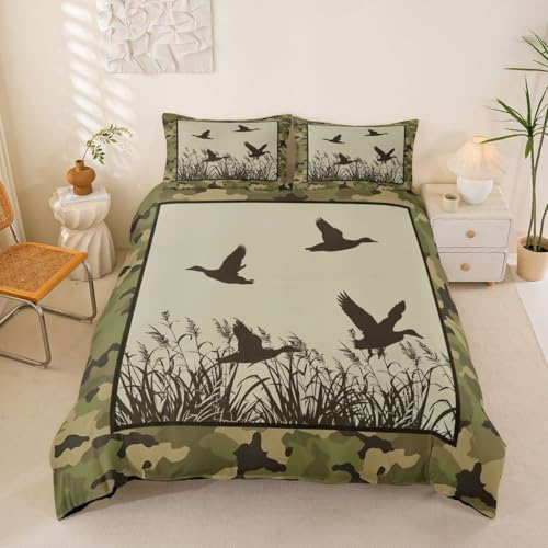 Manfei Mallard - Juego de funda de edredón tamaño Super King, juego de ropa de cama de camuflaje verde pato salvaje, 3 piezas, funda de edredón de camuflaje con cierre de cremallera, decoración de