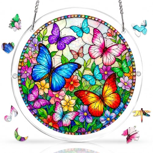 Jollitot Acrylic Puzzle for Adults Stained Glass Style Butterfly Acrylic Jigsaw Puzzle Suncatcher with Irregular Pieces Window Hanging Sun Catcher Artistic Home Decor Gift for Women Mom (S)