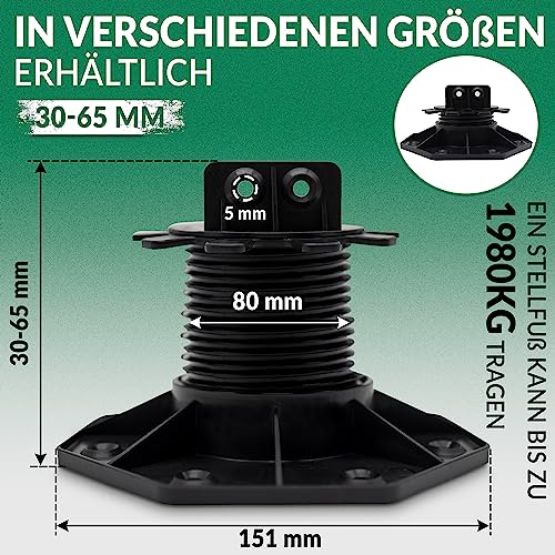 Foto von 25x Stelzlager höhenverstellbar für die Unterkonstruktion ihrer Terrasse aus Holz, WPC oder Aluminium eignen sich die Terrassen-füße verstellbar von 30 mm – 65 mm 25 Stück (25x 30-65mm)