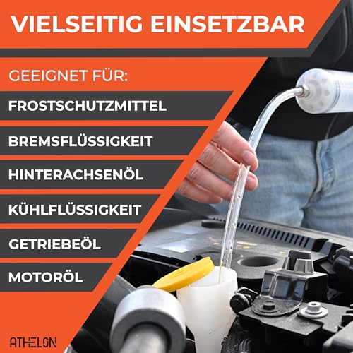 ATHELON® Ölabsaugpumpe [Spritze 500ml] - Universelle Absaugpumpe für Getriebeöl, Frostschutzmittel, Wasser oder Ölwechsel bei Auto & Co. - Ölspritze inkl. Schlauch & Verlängerungen