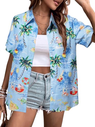 Christmas Hawaiian Shirts Women Funny Santa Claus Graphic Button Down Shirts Ugly Xmas Holiday Casual Button Up Tops Blue